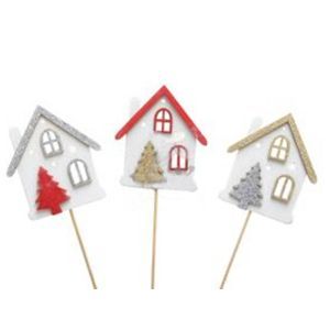 Figurine casute lemn color+bat pentru decoratiuni Craciun set 6 buc