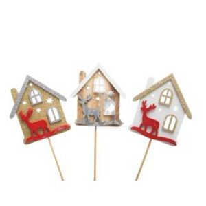 Figurine casute lemn color+bat pentru decoratiuni Craciun set 6 buc