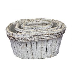 Cos lemn alb/gri+margine impletita pentru aranjamente florale set 3 buc